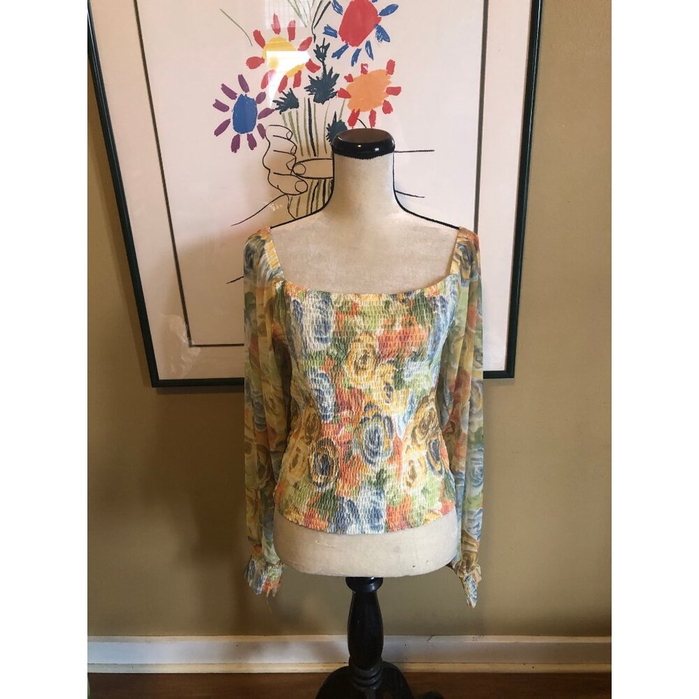 NWT By Anthropologie yellow floral smocked puff balloon sleeve top - Picture 3 of 5